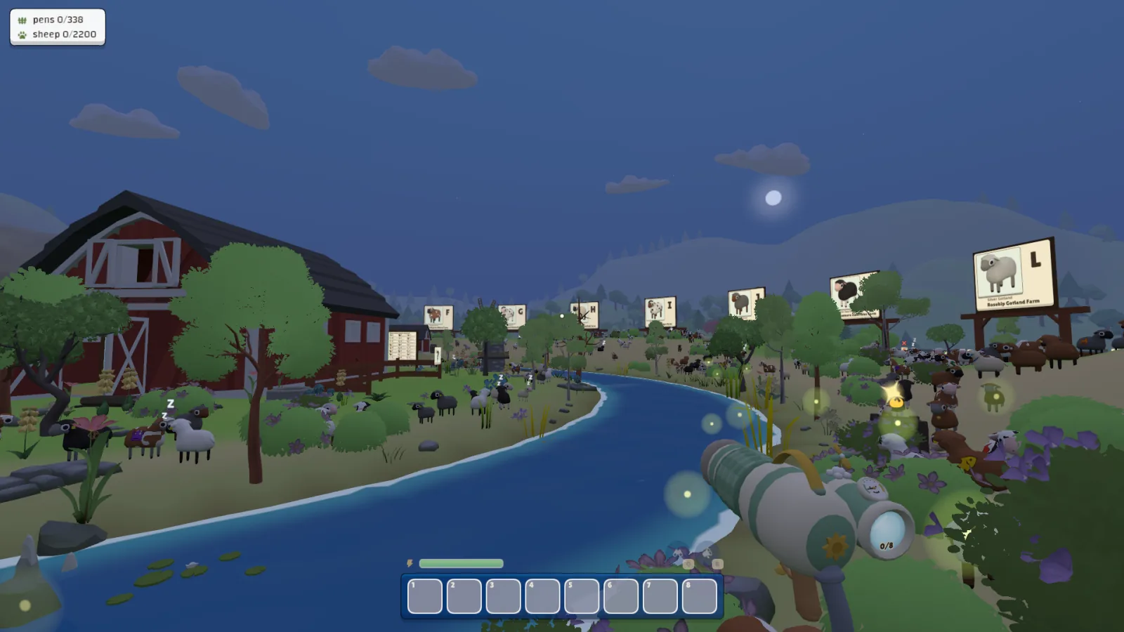 The meadow at night, with fireflies under the moon
