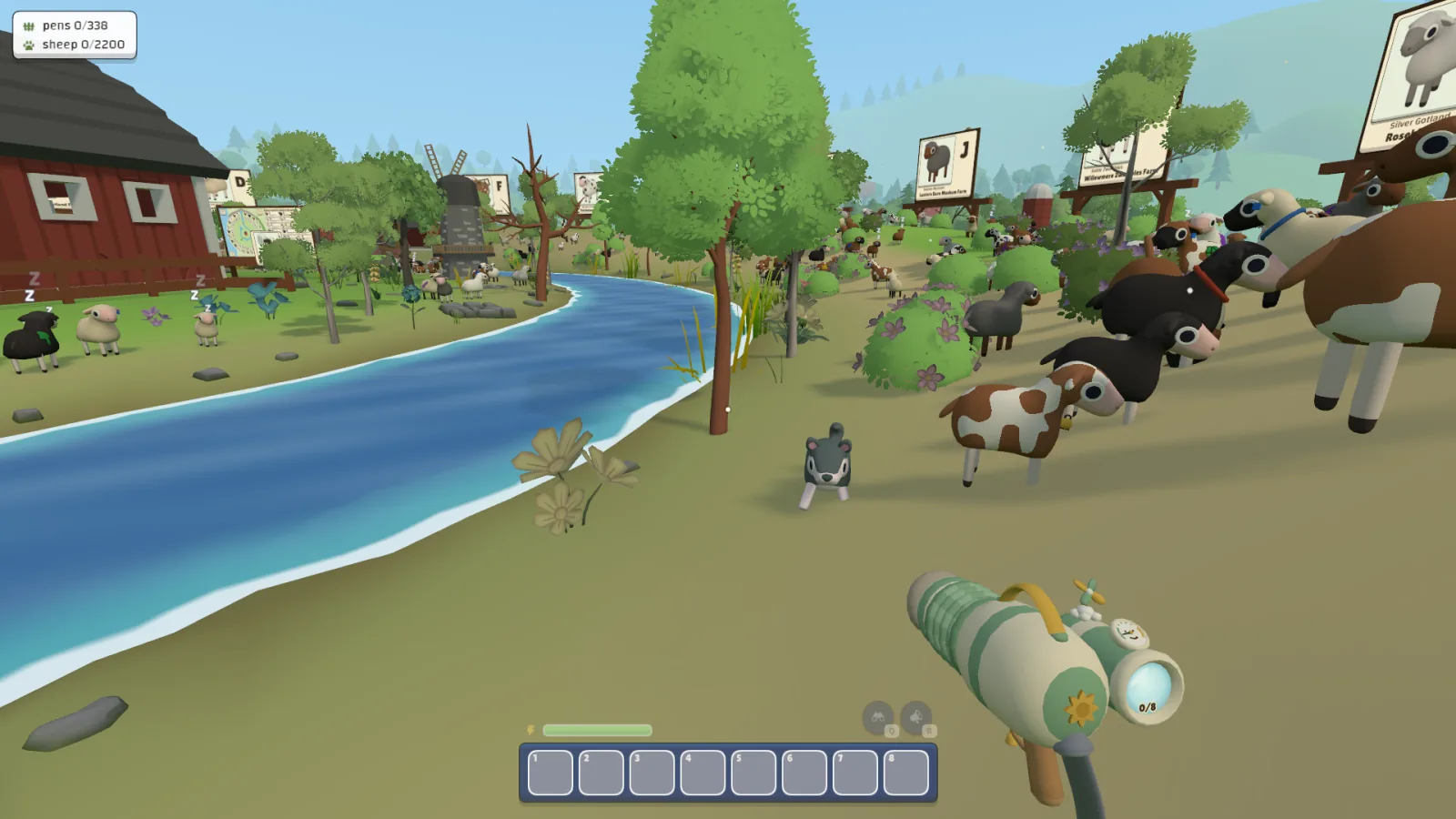 The farm dog following the player across the meadow